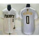Men's Indiana Pacers #0 Tyrese Haliburton White Gold 2025 Finals Vapor Stitched Baseball Jersey