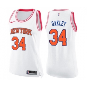 Women's Nike New York Knicks #34 Charles Oakley Swingman White Pink Fashion NBA Jersey