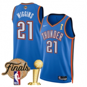 Men's Oklahoma City Thunder #21 Aaron Wiggins Blue 2025 Finals Patch And Finals Champions Patch Icon Edition Stitched Basketball Jersey