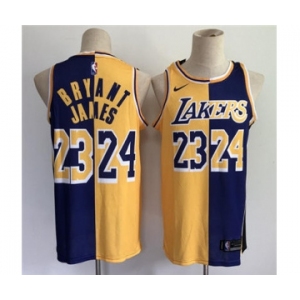 Men's Los Angeles Lakers #23 LeBron James #24 Kobe Brant Purple Gold Split Special Stitched Basketball Jersey
