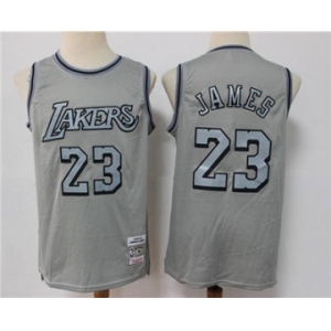Men's Los Angeles Lakers #23 LeBron James Gray Throwback Stitched Basketball Jersey