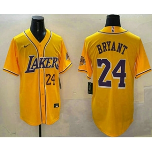 Men's Los Angeles Lakers #24 Kobe Bryant Number Yellow Purple With Patch Cool Base Stitched Baseball Jersey