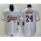 Men's Los Angeles Lakers #24 Kobe Bryant White Pinstripe With Patch Cool Base Stitched Baseball Jersey
