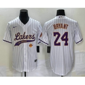 Men's Los Angeles Lakers #24 Kobe Bryant White Pinstripe With Patch Cool Base Stitched Baseball Jersey