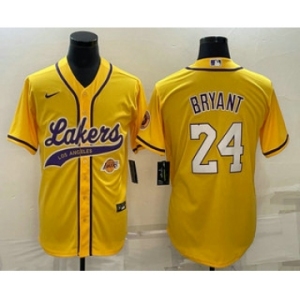 Men's Los Angeles Lakers #24 Kobe Bryant Yellow With Patch Cool Base Stitched Baseball Jerseys