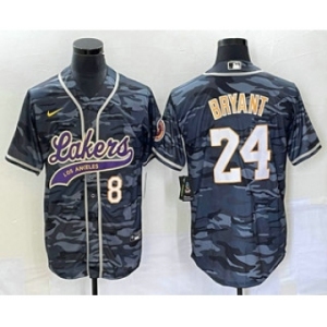 Men's Los Angeles Lakers #8 #24 Kobe Bryant Black Camo With Patch Cool Base Stitched Baseball Jersey