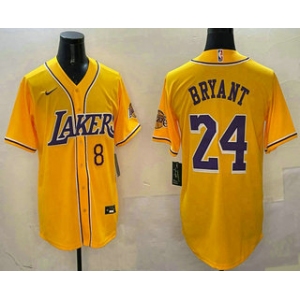 Men's Los Angeles Lakers #8 24 Kobe Bryant Yellow Purple With Patch Cool Base Stitched Baseball Jersey