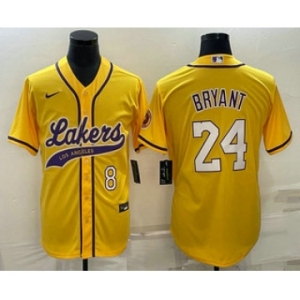 Men's Los Angeles Lakers #8 #24 Kobe Bryant Yellow With Patch Cool Base Stitched Baseball Jersey