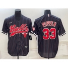 Men's Chicago Bulls #33 Scottie Pippen Black Pinstripe With Patch Cool Base Stitched Baseball Jersey