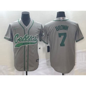 Men's Boston Celtics #7 Jaylen Brown Grey With Patch Stitched Baseball Jersey