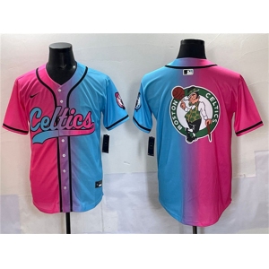 Men's Boston Celtics Team Big Logo Pink Blue Limited Stitched Baseball Jersey