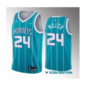 Men's Charlotte Hornets #24 Brandon Miller Blue 6 Patch Sponsor 2023 Icon Edition Stitched Jersey