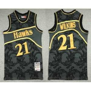Men's Atlanta Hawks #21 Dominique Wilkins Black With Gold Hardwood Classics Soul Swingman Throwback Jersey