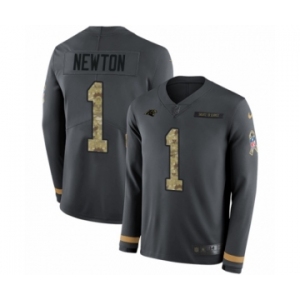 Men's Nike Carolina Panthers #1 Cam Newton Limited Black Salute to Service Therma Long Sleeve NFL Jersey