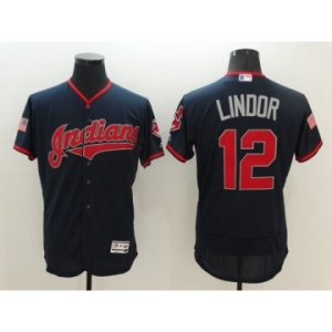 Men Cleveland Indians #12 Francisco Lindor Majestic Navy 2016 Independence Day Stars & Stripes Flex Base Jersey