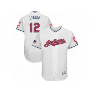 Men's Majestic Cleveland Indians #12 Francisco Lindor White Stars & Stripes Authentic Collection Flex Base MLB Jersey