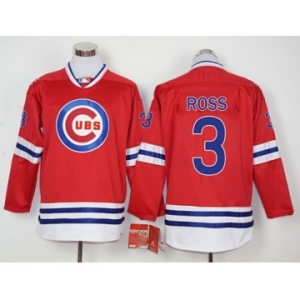 Men Chicago Cubs #3 David Ross Red Long Sleeve Stitched Baseball Jersey