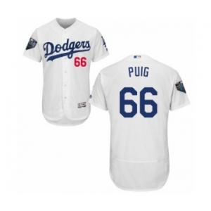 Men's Majestic Los Angeles Dodgers #66 Yasiel Puig White Home Flex Base Authentic Collection 2018 World Series MLB Jersey
