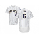 Men Milwaukee Brewers #6 Lorenzo Cain White Strip Flexbase Authentic Collection Stitched MLB Jersey