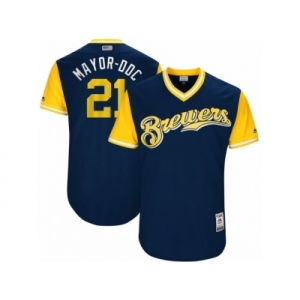 Men's 2017 Little League World Series Brewers Travis Shaw #21 Mayor-DDC Navy Jersey