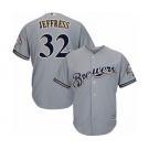 Men's Majestic Milwaukee Brewers #32 Jeremy Jeffress Replica Grey Road Cool Base MLB Jersey