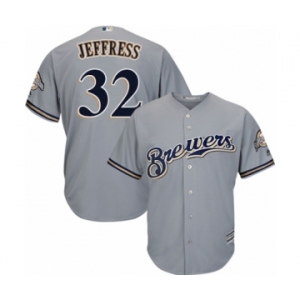 Men's Majestic Milwaukee Brewers #32 Jeremy Jeffress Replica Grey Road Cool Base MLB Jersey
