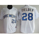 mlb milwaukee brewers #28 fielder white(blue strip)[40th patch]