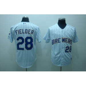 mlb milwaukee brewers #28 fielder  white(blue strip)