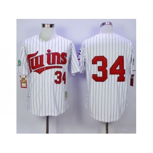 Mitchell And Ness 1991 Minnesota Twins #34 Kirby Puckett White(Blue Strip) Throwback Stitched Baseball Jersey