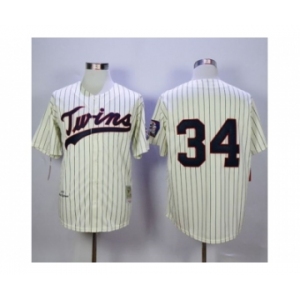 Mitchell And Ness Minnesota Twins #34 Kirby Puckett Cream Strip Throwback Stitched MLB Jersey