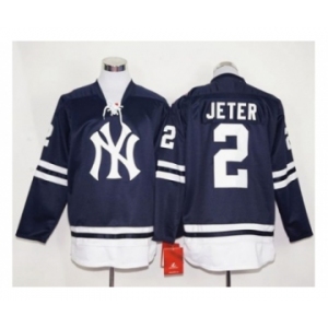 New York Yankees #2 Derek Jeter Navy Blue Long Sleeve Stitched MLB Jersey