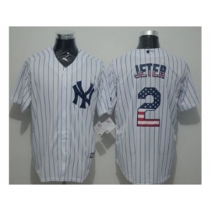 New York Yankees #2 Derek Jeter White Strip USA Flag Fashion Stitched Baseball Jersey