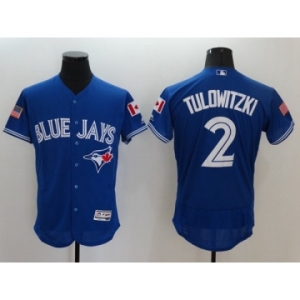 Men's Toronto Blue Jays #2 Troy Tulowitzki Majestic Blue Fashion Stars & Stripes Flex Base Player Jersey