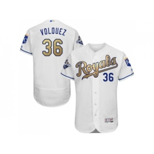 Kansas City Royals #36 Edinson Volquez White 2015 World Series Champions Gold Program FlexBase Authentic Stitched MLB Jersey
