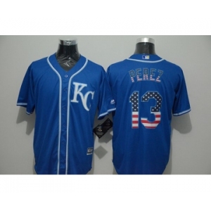 Men Kansas City Royals #13 Salvador Perez Blue USA Flag Fashion Cool Base Jersey