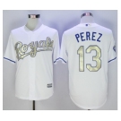 Men Kansas City Royals #13 Salvador Perez Majestic White World Series Champions Gold Program Cool Base Player Jersey