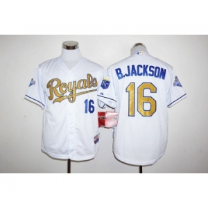 Men Kansas City Royals #16 Bo Jackson Majestic White World Series Champions Gold Program FlexBase Player Jersey
