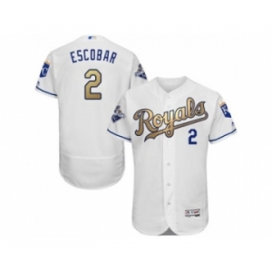 Men Kansas City Royals #2 Alcides Escobar Majestic White World Series Champions Gold Program FlexBase Player Jersey