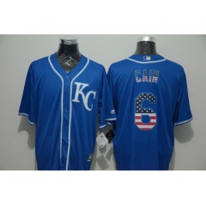 Men Kansas City Royals #6 Lorenzo Cain Blue USA Flag Fashion Cool Base Jersey