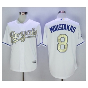 Men Kansas City Royals #8 Mike Moustakas Majestic White World Series Champions Gold Program Cool Base Player Jersey