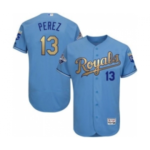 Men's Majestic Kansas City Royals #13 Salvador Perez Authentic Light Blue 2015 World Series Champions Gold Program FlexBase MLB Jersey
