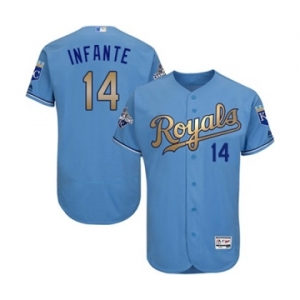 Men's Majestic Kansas City Royals #14 Omar Infante Authentic Light Blue 2015 World Series Champions Gold Program FlexBase MLB Jersey