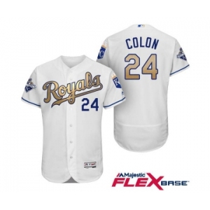 Men's Majestic Kansas City Royals #24 Christian Colon Authentic White 2015 World Series Champions Gold Program FlexBase MLB Jersey