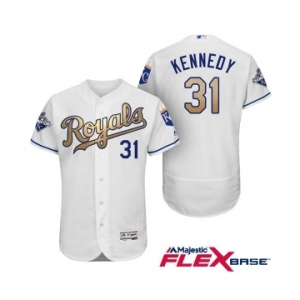 Men's Majestic Kansas City Royals #31 Ian Kennedy Authentic White 2015 World Series Champions Gold Program FlexBase MLB Jersey