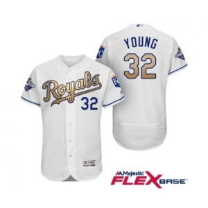 Men's Majestic Kansas City Royals #32 Chris Young Authentic White 2015 World Series Champions Gold Program FlexBase MLB Jersey