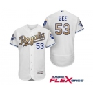 Men's Majestic Kansas City Royals #53 Dillon Gee Authentic White 2015 World Series Champions Gold Program FlexBase MLB Jersey