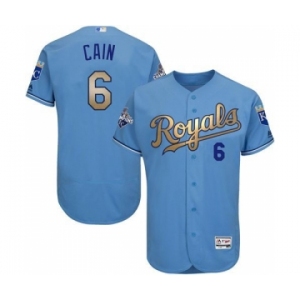 Men's Majestic Kansas City Royals #6 Lorenzo Cain Authentic Light Blue 2015 World Series Champions Gold Program FlexBase MLB Jersey