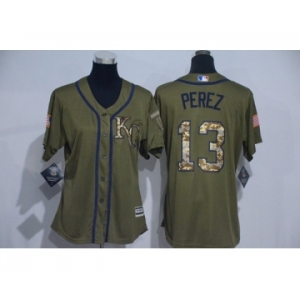 Women Majestic Kansas City Royals #13 Salvador Perez Authentic Green Salute to Service MLB Jersey