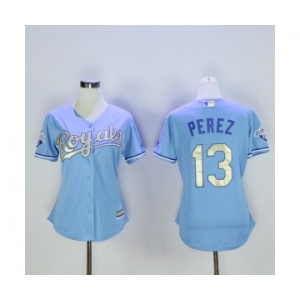 Women's Kansas City Royals Majestic #13 Salvador Perez Light Blue 2015 World Series Champions Gold Program Cool Base Jersey