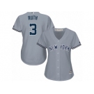 Women Majestic New York Yankees #3 Babe Ruth Authentic Grey Road MLB Jersey